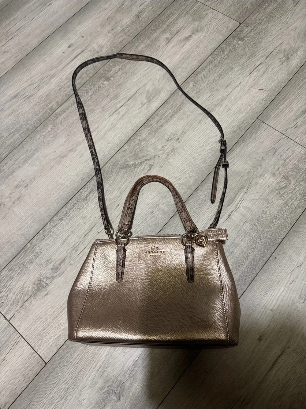 Coach Metallic Rose Gold Satchel with Snake-Print Strap and Top Handles - Picture 2 of 15